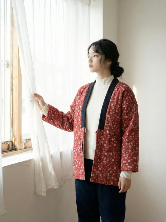 Women's Haori, Women's Warm Coat, Women's Japanese Style Padded Jacket, Indoor Wear, Lightweight & Warm Printed Coat, Japanese Traditional Clothing, Oversized Padded Jacket With Pockets