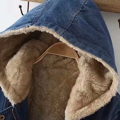 Winter New Womens Fleece-Lined Mid-Length Denim Padded Jacket Coats